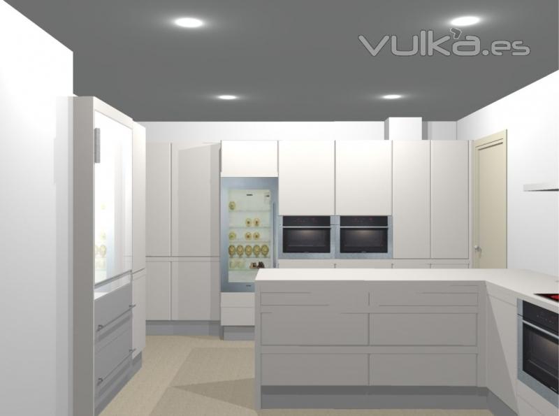 Render proyecto cocina blanca con vinoteca