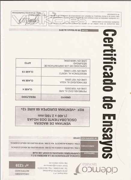 Certificado de ensayos en el laboratorio de CIDEMCO(ventana europea)