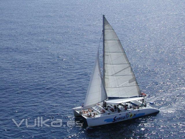 catamaranes a vela para fiestas de 20 , 40 y 80 plazas