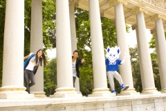 The billiken enjoys the company of students in the retiro park, the biggest park in madrid.