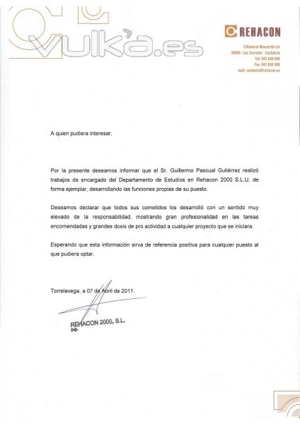 Foto: CARTA RECOMENDACION REHACON