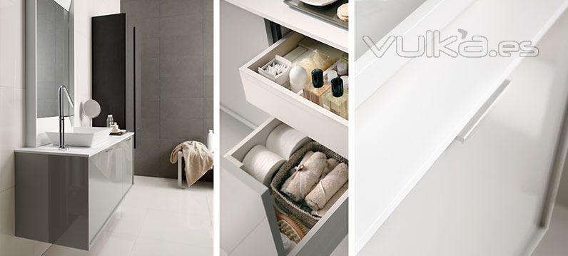 Detalle mobiliario de bao Dica modelo Vita gris medio brillo y lino ceniza
