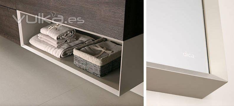 Detalle mobiliario de bao Dica modelo Lush Roble tempo oscuro y gris piedra