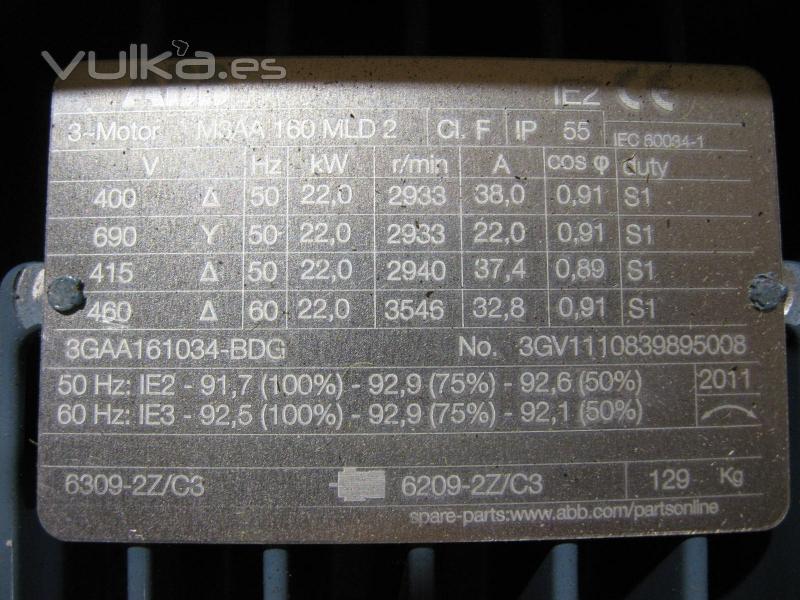 Placa caractersticas motor ABB 22 KW.