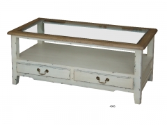 Mesa de centro con dos cajones y sobre de cristal en madera de fresno decapada y abedul natural