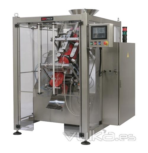 Envasadora Vertical modelo EV280e 45º, especial inclinada para productos delicados.