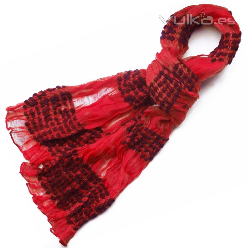 Pashmina roja de algodon con detalles en lana