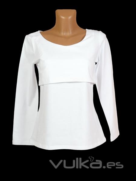 Camiseta de premama y lactancia basica blanca. Ideal para combinar con una chaqueta a 19 euros.
