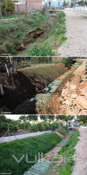 Aspecto antes, durante y despues de las obras de mejora de un arroyo con tecnicas de bioingenieria