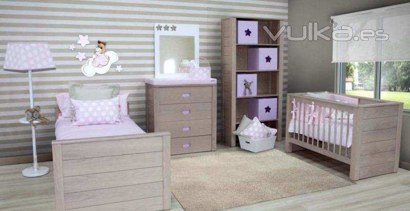 Ambiente roble rosa. Cama, cuna, estantera de pie, cmoda... de Babyroom