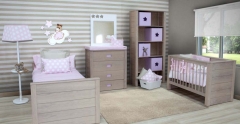 Ambiente roble rosa cama, cuna, estanteria de pie, comoda de babyroom