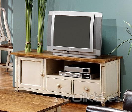 Mueble de Televisin Bonanza Blanco Patinado y Madera. Olmo Macizo.