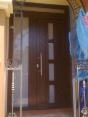 Puerta de entrada pvc color roble oscuro con vidrio de seguridad mate