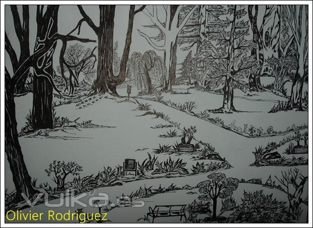 Naturaleza en blanco y negro. Dibujo a Rotulador. Autor: Olivier Rodriguez.