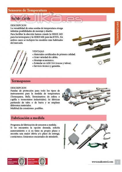 Sondas de temperartura con cable.Termopozos. Aplicaciones y ventajas. Fabricacin a medida.