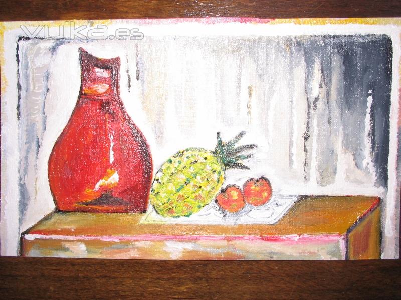 Jarron con frutas. Pintura de pequeo formato. Postal. Autor: Olivier Rodriguez