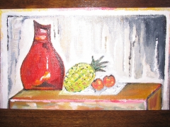 Jarron con frutas. pintura de pequeo formato. postal. autor: olivier rodriguez