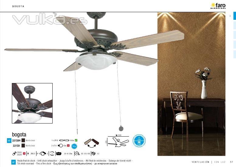 Ventilador con palas de madera, con sistema de inversin, tres velocidades y con mando a distancia 