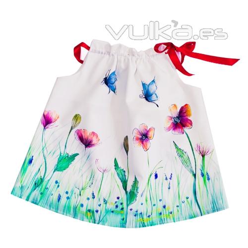 Vestido tirantes para bebé y niña en algodón hecho y pintado a mano de la marca Le Petit Mammouth