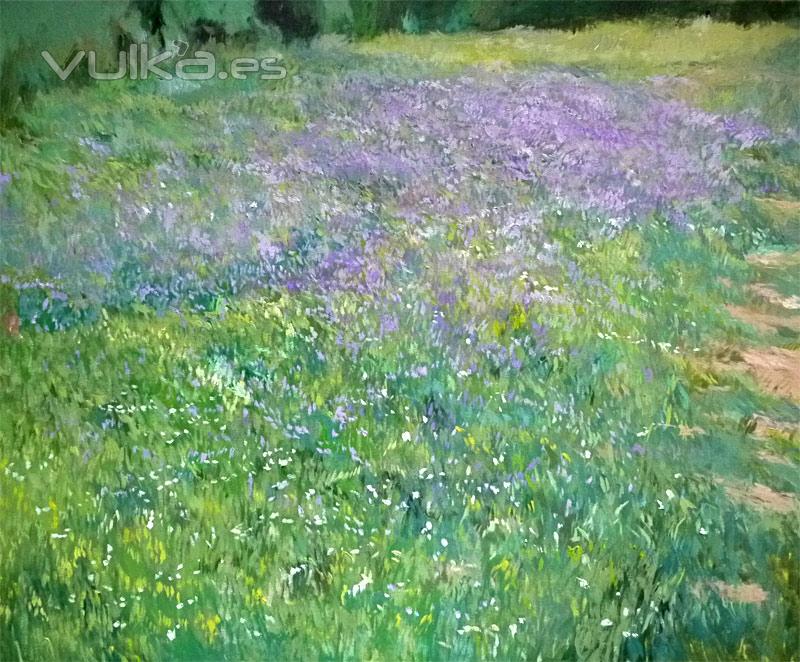 Cuadro al leo de un paisaje de flores violtas en primavera