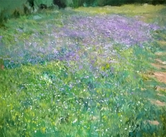 Cuadro al leo de un paisaje de flores violtas en primavera