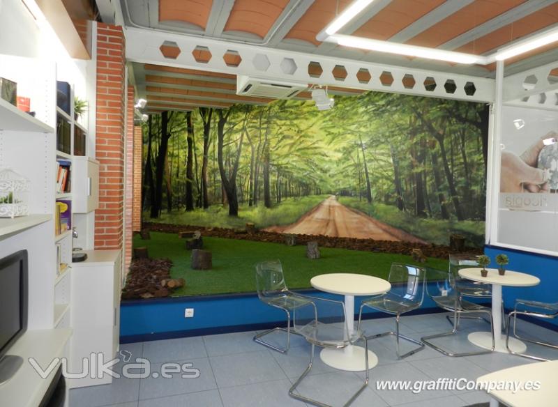 Decoracin mural con paisaje en las oficinas de Ricopia Technologies en La Garena-Madrid