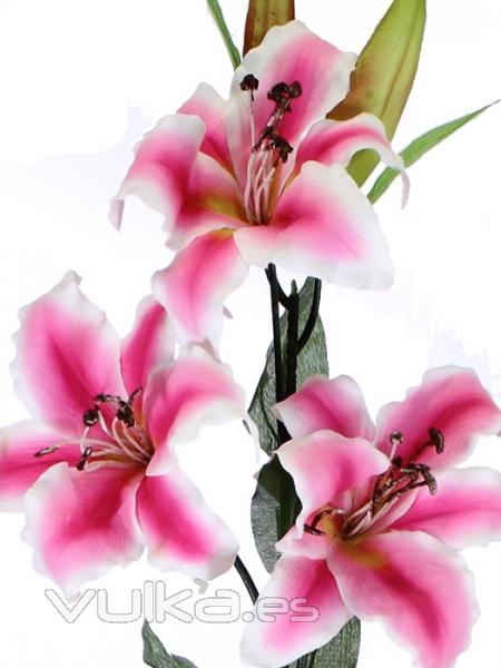 Flores artificiales de calidad. Lilium artificial con tres flores oasis decor
