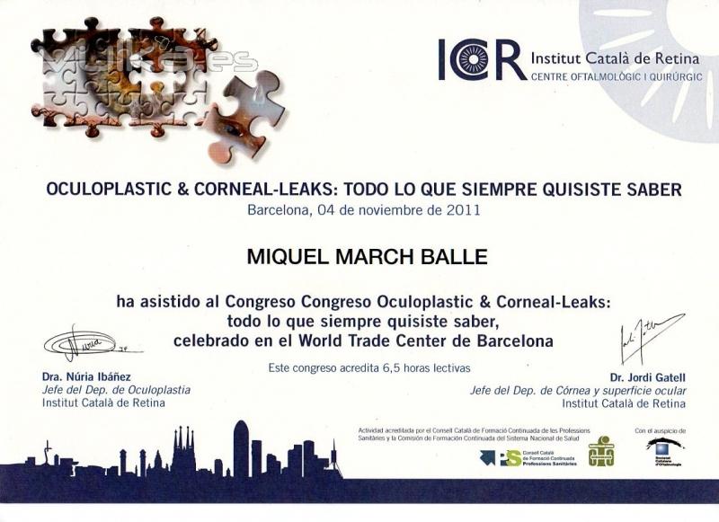 DIPLOMA CONGRESO CÓRNEA Y OCULOPLÁSTICA. ICR. NOV. 2011. BARCELONA.