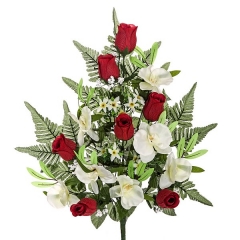 Todos los santos. ramo artificial flores orquideas y rosas rojas en la llimona home