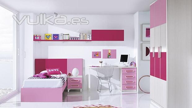 Dormitorio juvenil moderno combinado los muebles en color rosa