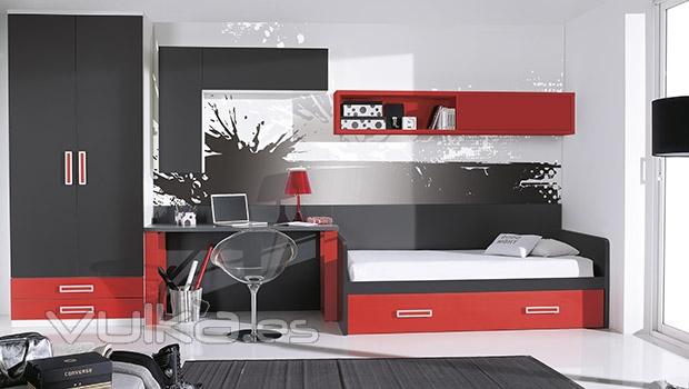 Dormitorio juvenil en color rojo y gris del catalogo de dormitorios juveniles Whynot 12