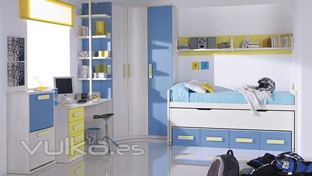 Muebles juveniles combinando colores azules y amarillos
