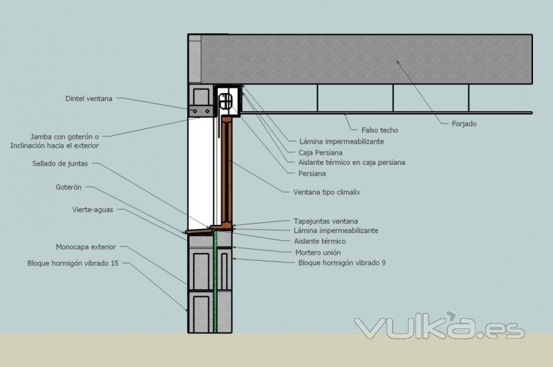 Detalle constructivo de encuentro de ventana con persiana y doble pared exterior. 2D (1)