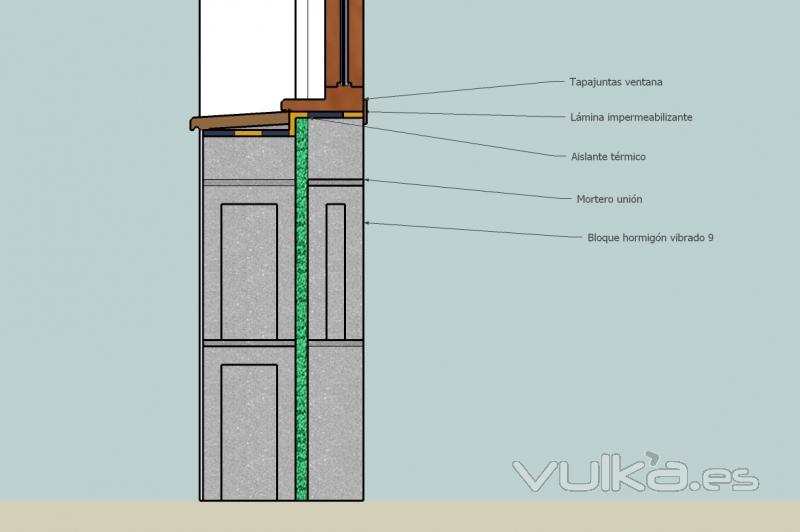 Detalle constructivo de encuentro de ventana con persiana y doble pared exterior. 2D (y 3)