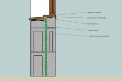Detalle constructivo de encuentro de ventana con persiana y doble pared exterior 2d (y 3)