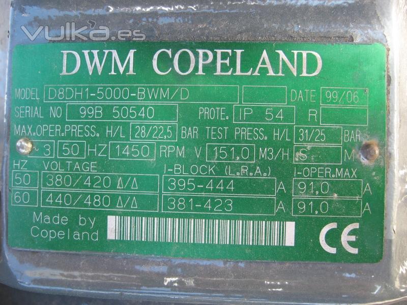 DWM Copeland compresor de frio semi hermetico. Datos Tcnicos.