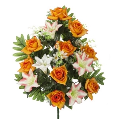 Todos los santos. ramo artificial flores lily con rosas naranjas en la llimona home