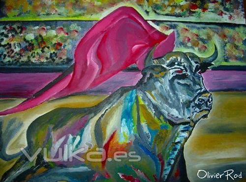 El Toro y el capote. Pintura al leo. Olivier Rodriguez. Madrid