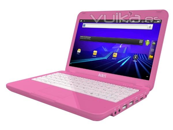 Netbook Kira 1002x Rosa, equipado con Android, muy ligero, ideal para estudiantes.