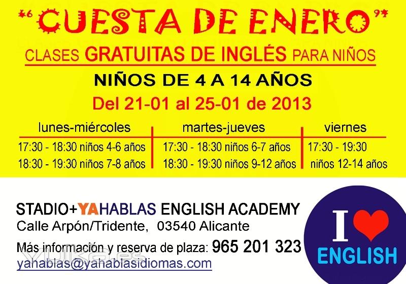 En la cuesta de enero ofrecemos una semana de clases GRATUITAS de ingls para nios. Para horarios y