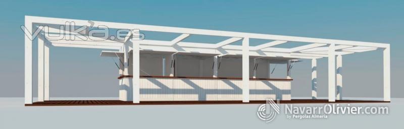 Chiringuito con pergola desmontable en color blanco. www.navarrolivier.com