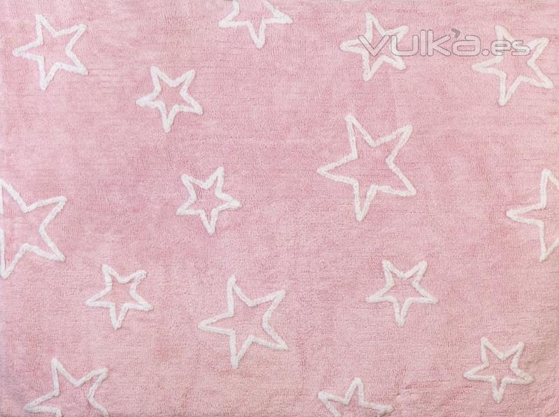 Alfombra infantil Estrellas rosa. De algodn y apta para lavadora.