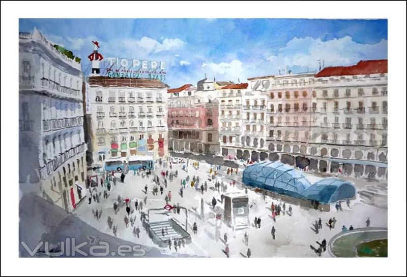 Cuadro en acuarela de la Puerta del Sol, Madrid