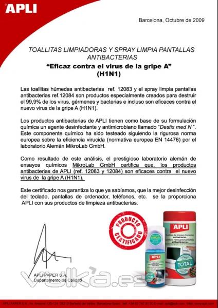 Certificado en productos de limpieza Apli, por el Ministerio De Sanidad como que estos productos estan garantizados ...