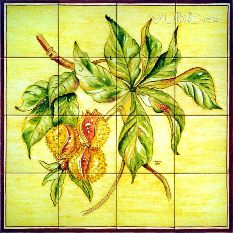 Castao de Indias pintado a mano en azulejos de 15x15cm.