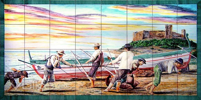 Escena sacando el copo en Fuengirola, principios del siglo XX. Mural de azulejos cocidos a 980C.