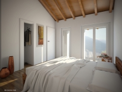Infografia de arquitectura de interior de dormitorio render fotorrealista
