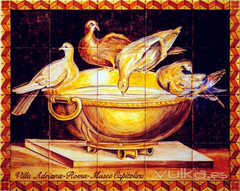 Mural cermico basado en mosaico romano de las palomas bebiendo
