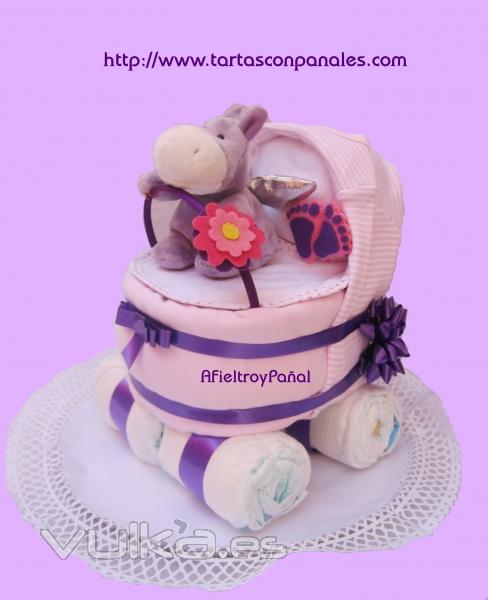 2.Tarta con Paales. Cochecito de bebe de Paales Nia. AfieltroyPaal