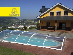 Cubierta de piscina telescpica de diseo elptico con o sin guas en el suelo, fabricada en alumini